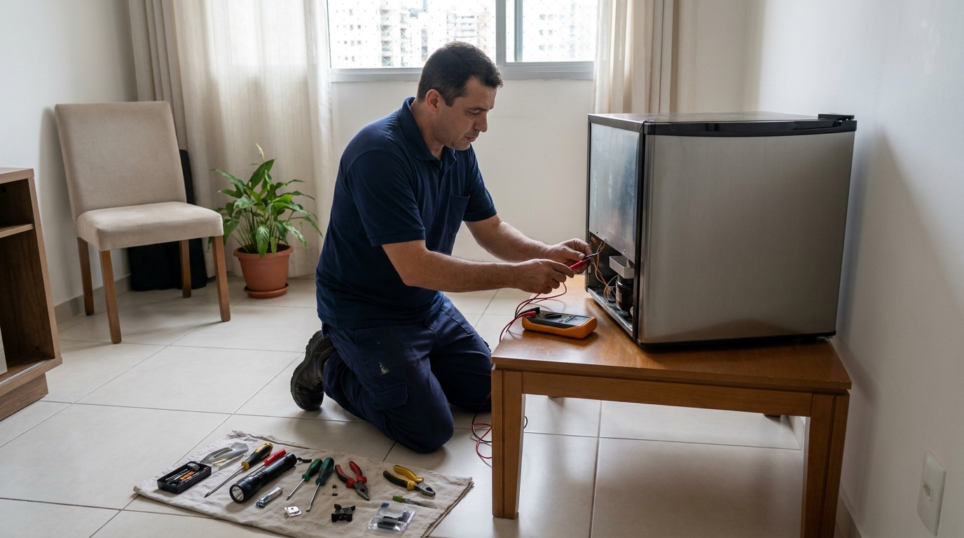 Técnico realizando manutenção de motor de frigobar em Maringá‑PR