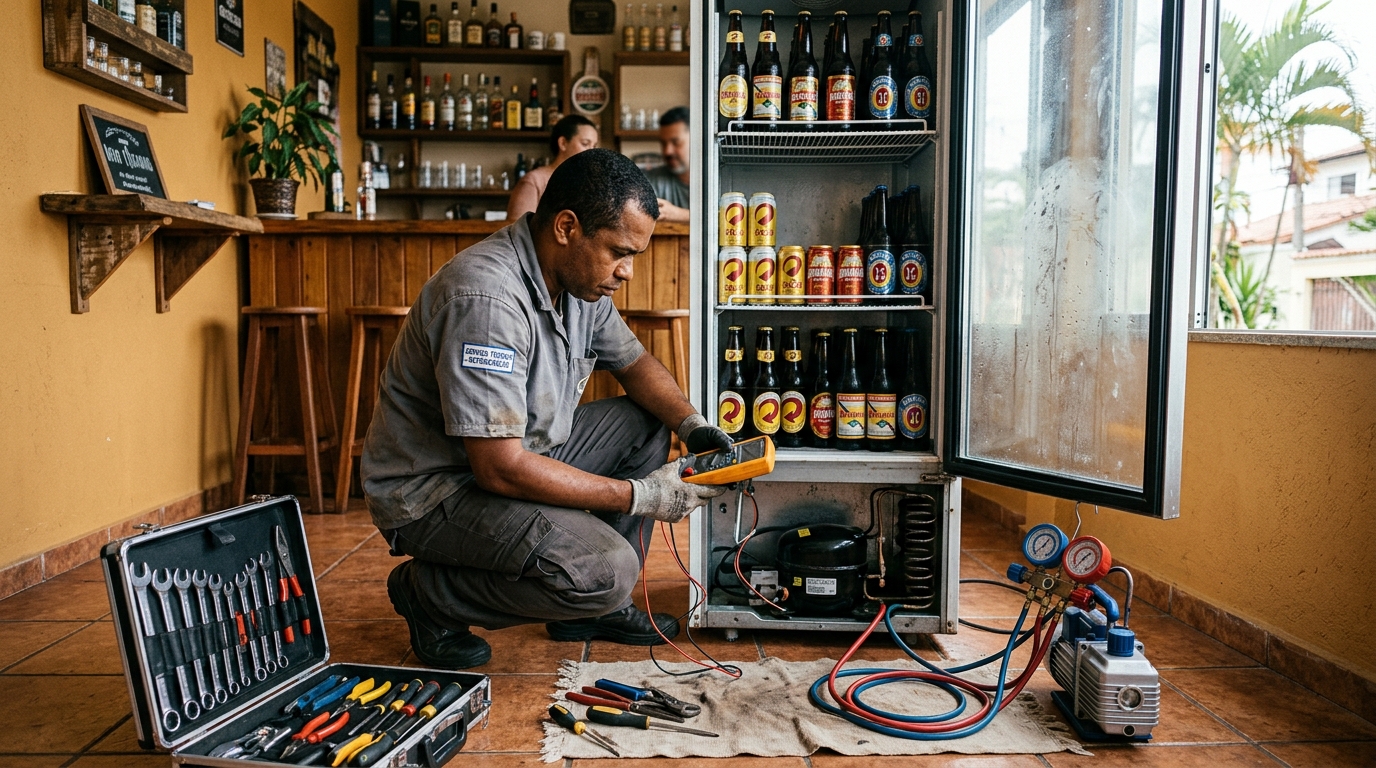 Troca de termostato de cervejeira em atendimento técnico em Maringá‑PR